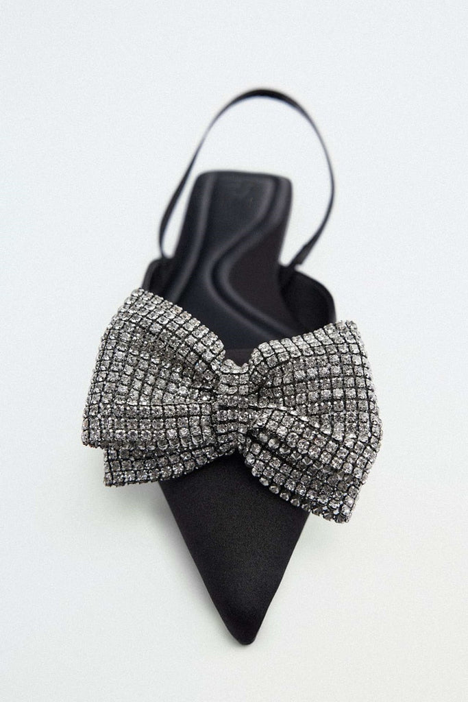 woloong  Summer Sandals Luxury Women New Cute Fashion Black Bow Tie Rhinestone Pointed Flat Sexy Slippers Plus Size 35-41