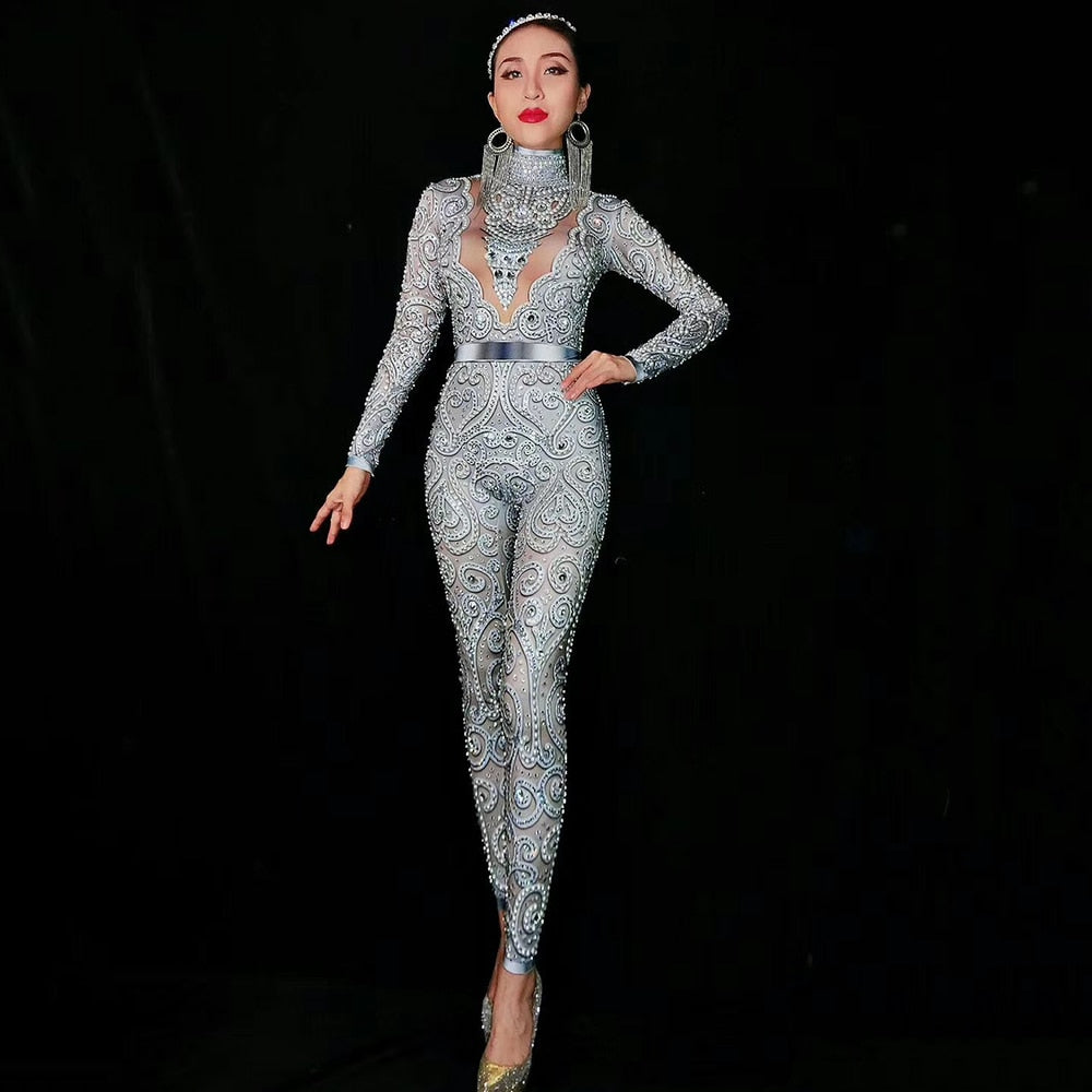 goosudu Flashing Silver Rhinestones Spandex Women Jumpsuit Birthday Celebrate Bar Outfit Singer Dance Wear Leggings Stage Queen Costume