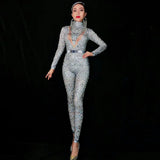 goosudu Flashing Silver Rhinestones Spandex Women Jumpsuit Birthday Celebrate Bar Outfit Singer Dance Wear Leggings Stage Queen Costume