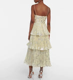 Spring / Autumn New Women Clothing Sexy Charming Yellow Chiffon Bronzing Pleated Cake Long Suspender Dress for Party