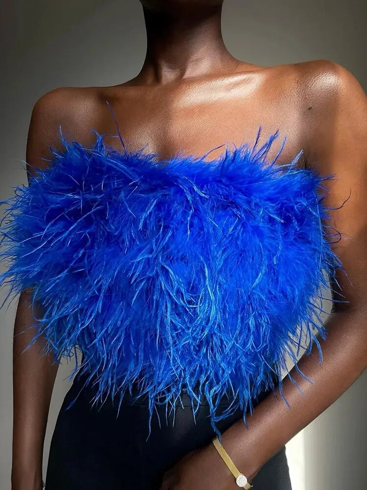 Fur Feather Strapless Tube Tops For Women Party Fashion Bustier Cute Top Y2k Club New Sexy Mini Fluffy Corset Top