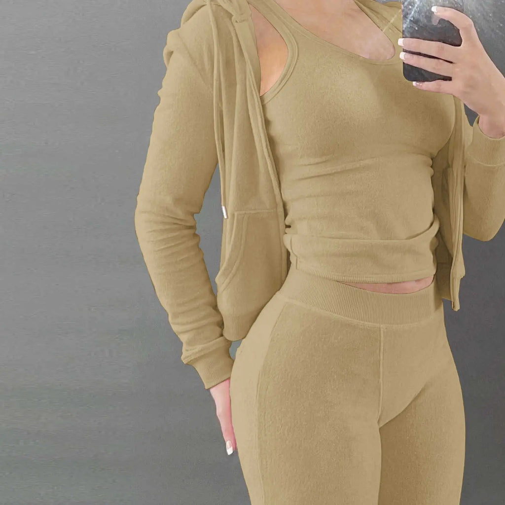 Womens Tracksuits Sets Fall Winter Zipper Jacket Cashmere Vest Hooded Pants Three Piece Set Outfit Conjuntos De Pantalones