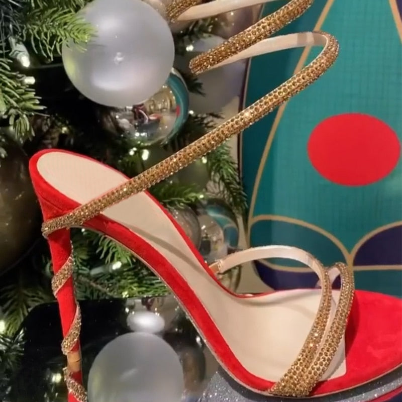 woloong  Red\Black\White Serpentine Winding Crystal Sandals Women Rhinestones Ankle Laces Stiletto Summer Pump Luxury New Party Fit Shoes