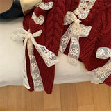 Cute girl red Fried Dough Twists ribbon sweater Autumn/Winter New Christmas Sweet Bow Knit Top Women's Korean Fashion Sweat New Year