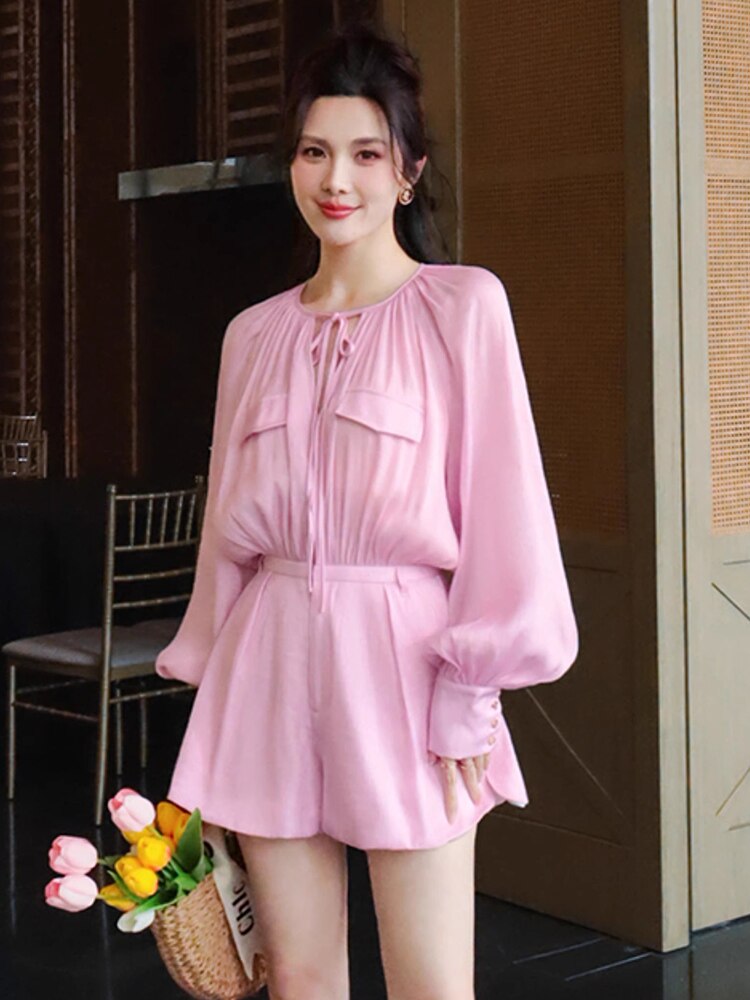 Patchwork Lace Up Jumpsuit For Women V Neck Lantern Sleeve High Waist Shorts Casual Jumpsuit Female Fashion