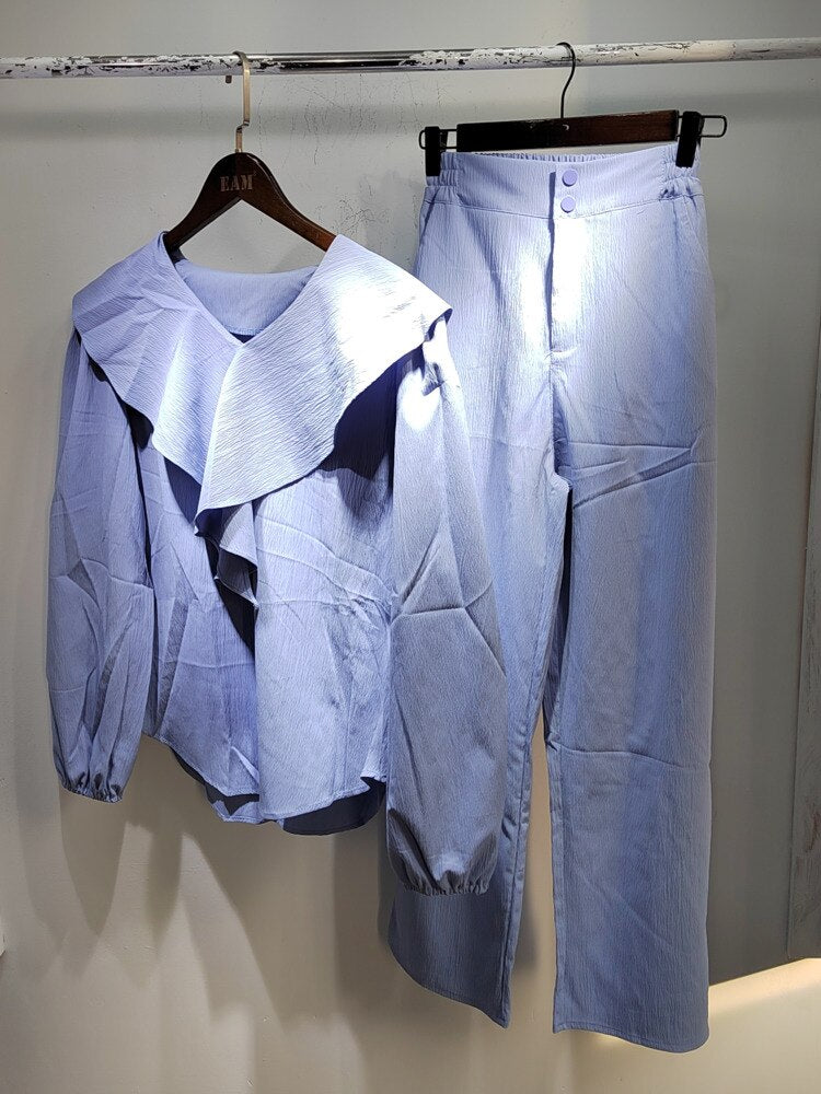 Ruffle Spliced V-neck Shirt + High Waist Wide Leg Pants Set Female  Autumn New Women Solid Loose Two-piece 16T577