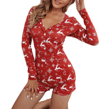 goosudu  Women Christmas Printed Pattern Pajama Button V-neck Long Sleeve Bodycon Playsuit Casual Homewear Red/ Wine Red/ Navy/ Black