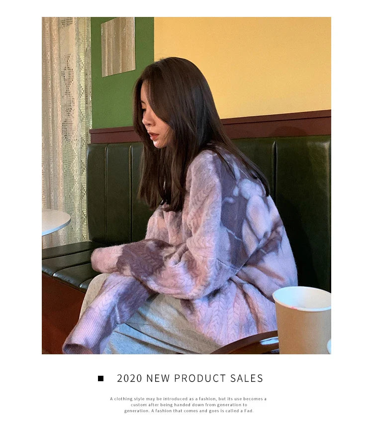 Winter Women Purple Sweater Crew Neck Twist Tie Dye Korean Fashion Lazy Wind Loose New Pullover Long Sleeves Knitting Tops
