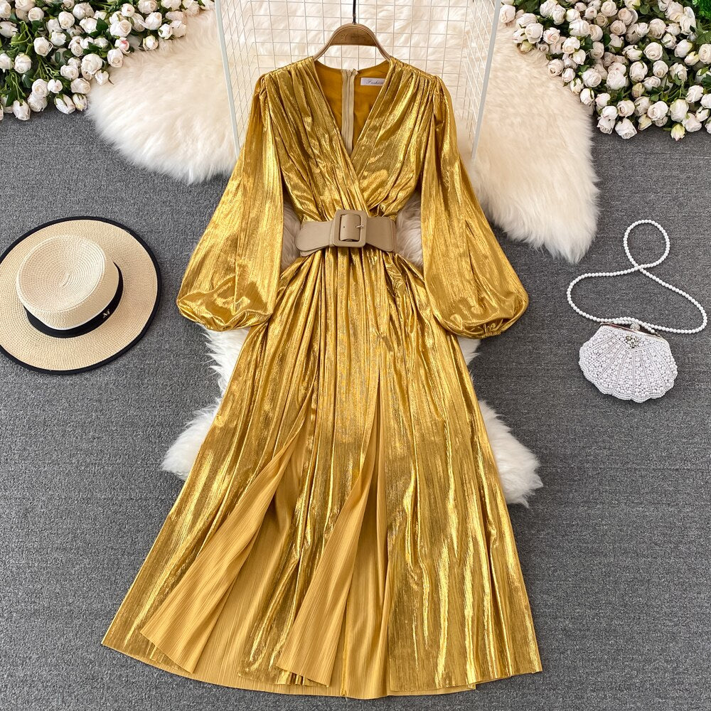 Spring New Women French Loose Midi Dress With Belt Elegant Long Sleeve A-line Lady Clothes  Autumn Female Birthday Party Robe