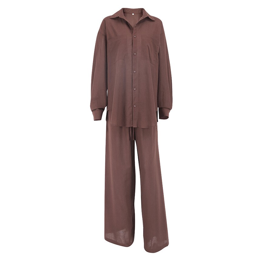 Women Cotton Linen Pajamas Shirt Two Piece Sets Casual Solid Long Sleeve Shirts And Trousers Suit Home Loose Chic Blouse Outfits