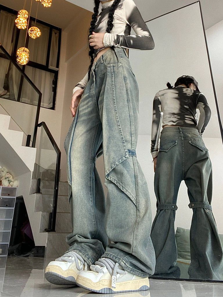 Blue Women Jeans Vintage High Waist Chic American Fashion Y2K Streetwear Wide Leg Jean Female Trouser  NEW Baggy Denim Pants