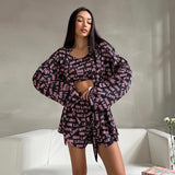 Casual Print Women's Pajamas  Sexy Loose Pajamas For Women Lace-Up Long Sleeve Robes Shorts Set Female Sleepwear Home Suit