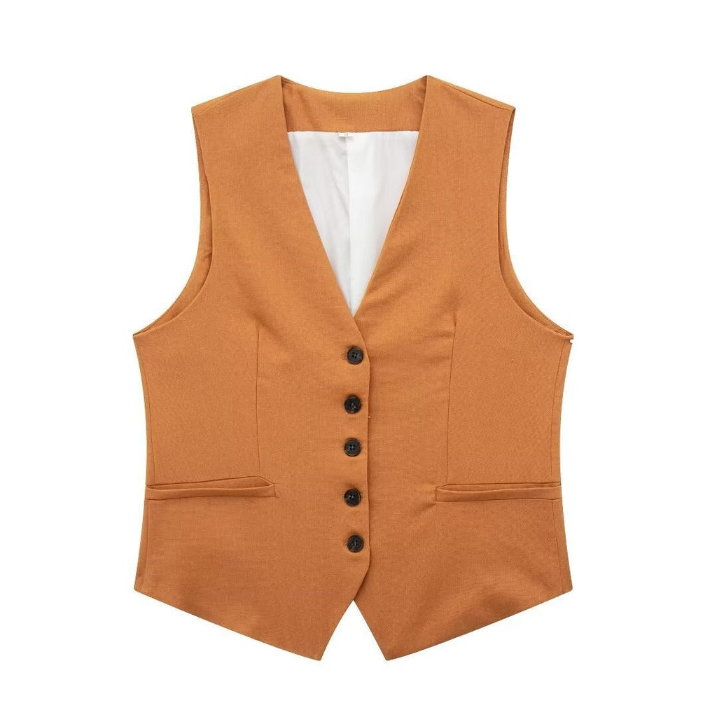 Linen V-neck Vest High Waist Shorts Sets Single Breasted Sleeveless Blazer Shorts 2 Pcs Set Women Fashion Commuter Suits