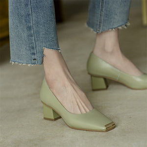 Spring New Women's Pumps Genuine Leather Square Toe Chunky Heel Fashion All-match Casual Women's Shoes Green/Apricot