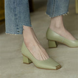 Spring New Women's Pumps Genuine Leather Square Toe Chunky Heel Fashion All-match Casual Women's Shoes Green/Apricot