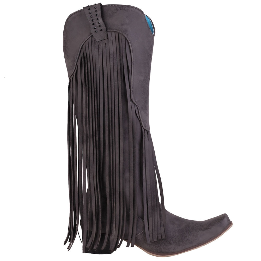 woloong  New Arrival Cowboy Western Long knee-high Boots Women Stacked Heeled Fringe Retro Casual Ridding Boots Autumn Shoes