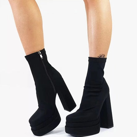 woloong  New Women Platform Boots Chunky Heels Designer Shoes For Women Motorcycle Boots Side Zipper Women's Ankle Botas Femininas
