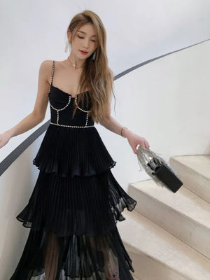 Top Quality Women Dress Early Autumn New  Light Luxury Black Blut Chiffon Pleated Cake Suspender Midi Dress