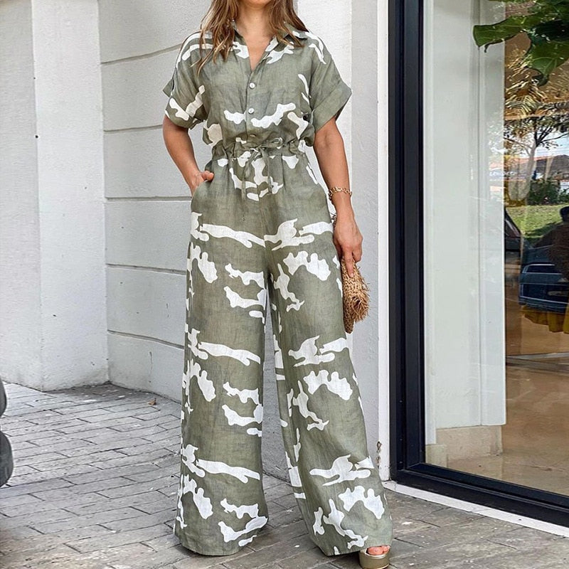 Summer Women Camouflage Print Playsuit Fashion Ladies Wide Leg Romper Overalls Casual Waisted Drawstring Lace-up Shirt Jumpsuits