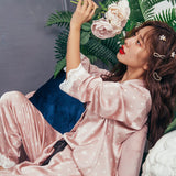 Women's Summer Two-piece Suit Pajamas Ice Silk Satin Thin Outwear Print Lace Pyjamas Home Suit for Women Clothes