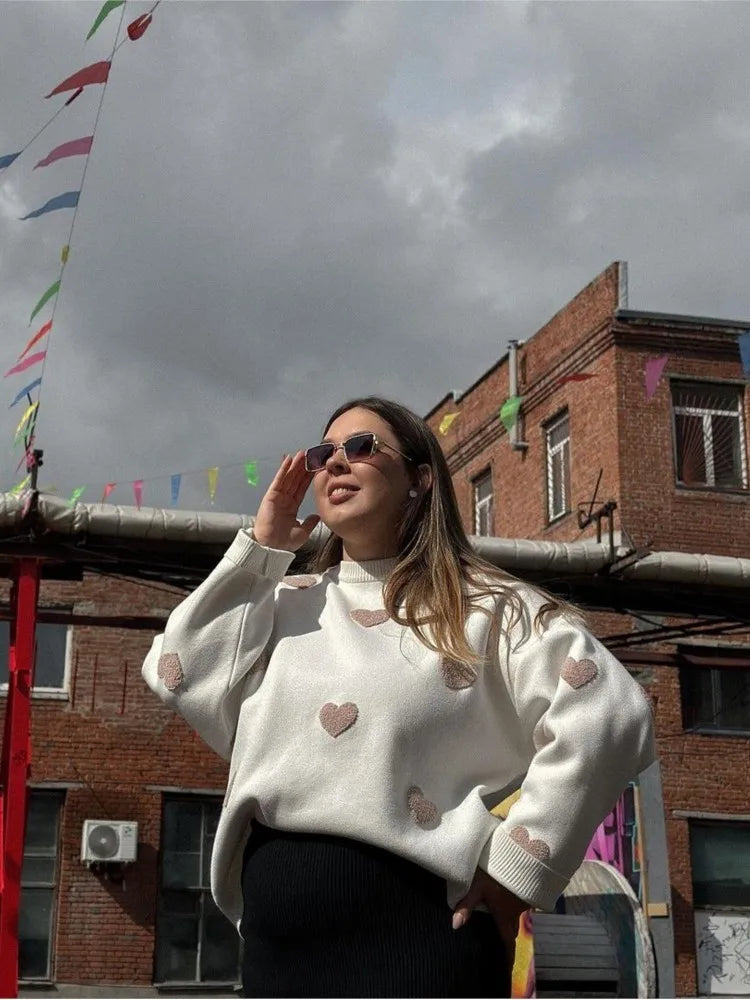 Love Embroidery Women's Knitting Sweaters Sweet Chic Long Sleeved O-neck Pullovers  New Female Casual Fashion Sweater