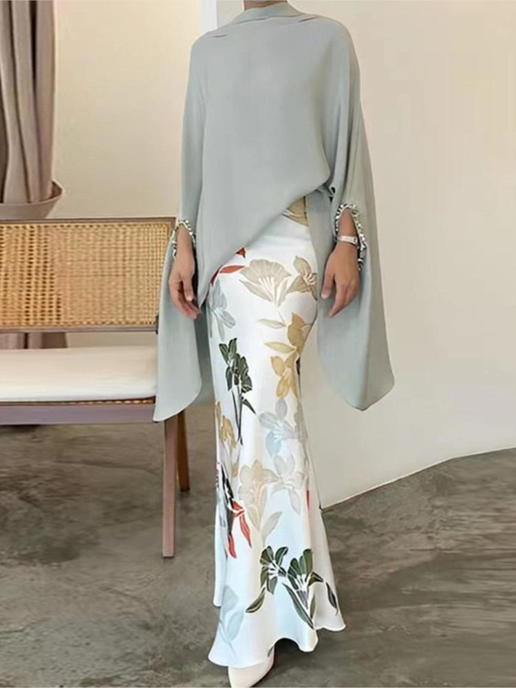 V-Neck Batwing Sleeve Top Midi Skirt Suit Fashion Elegant Floral Printed Women Outfits Office Lady Chic Two Pieces Set