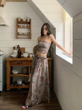Summer Apricot Vest Skirt Womens Tie-dyed Two Piece Set Fashion Y2K Belt NEW Female Temperament Elegant Party Long Dress