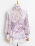 woloong  Sweet Patchwork Lace Set For Women Stand Collar Long Sleeve Shirt High Waist Skirt Print Sets Female Fashion New