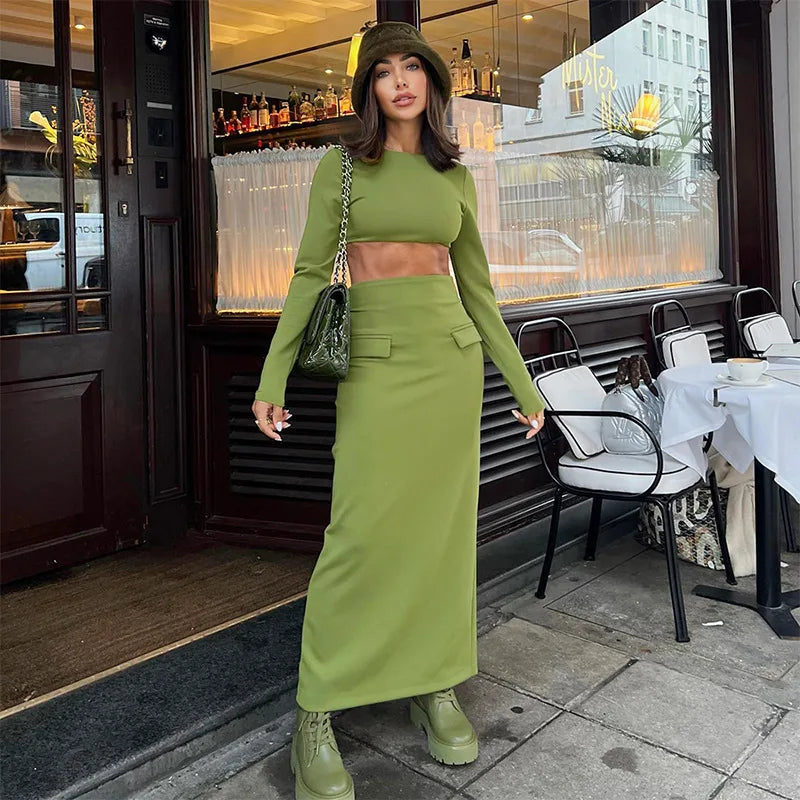 Elegant 2 Piece Set Green Long Sleeve Cropped Top And Slim Split Maxi Skirt Sets Femme  New Party Evening Outfits