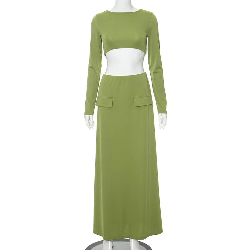 Elegant 2 Piece Set Green Long Sleeve Cropped Top And Slim Split Maxi Skirt Sets Femme  New Party Evening Outfits