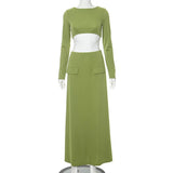 Elegant 2 Piece Set Green Long Sleeve Cropped Top And Slim Split Maxi Skirt Sets Femme  New Party Evening Outfits