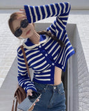 Striped Knitted Cardigan Women Hollow Out Turn Down Collar Long Sleeve Cropped Sweater Loose Outwear Autumn New Tops