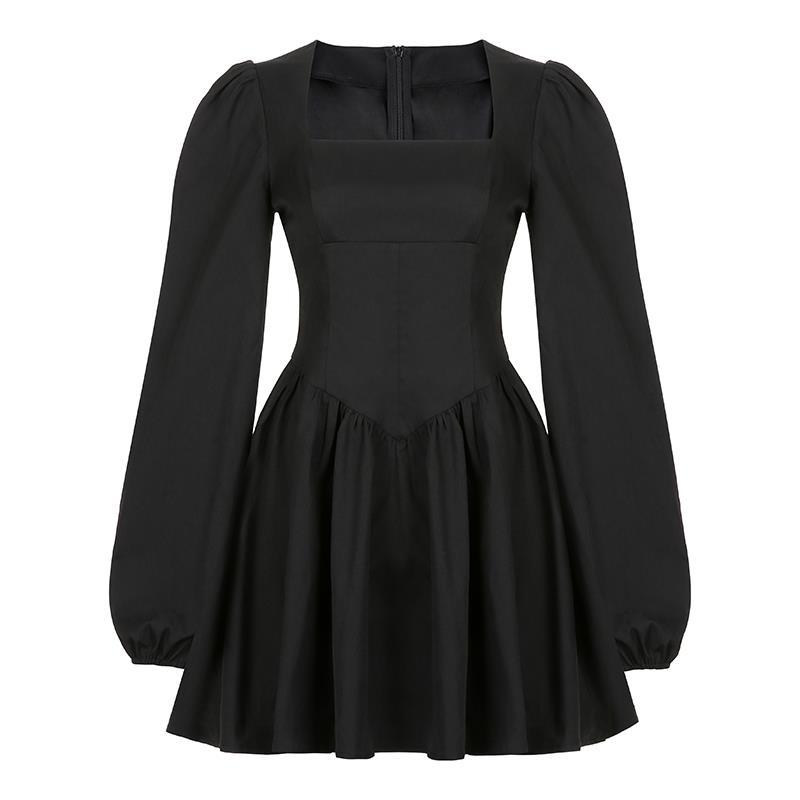 woloong  New Fashion Elegant Puff Long Sleeve Black Dress Women Corset Summer Clothes Goth Sexy Party Club Outfits Mini Pleated Skirt Y2k