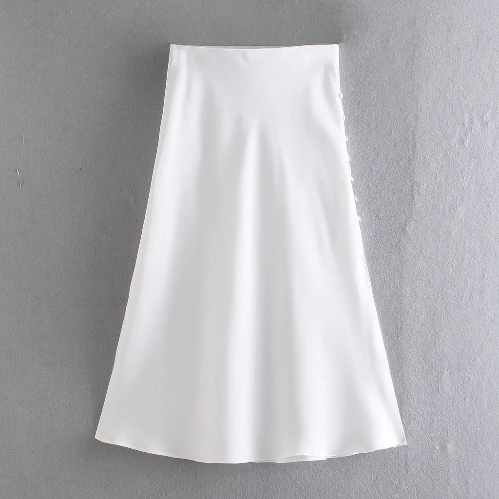 woloong  Summer Women Satin Elastic Waist Side Slit A-Line Skirt New Fashion Lady Button Decoration Falda Midi LUJIA ALAN P1597