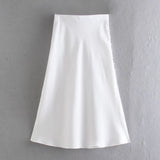woloong  Summer Women Satin Elastic Waist Side Slit A-Line Skirt New Fashion Lady Button Decoration Falda Midi LUJIA ALAN P1597