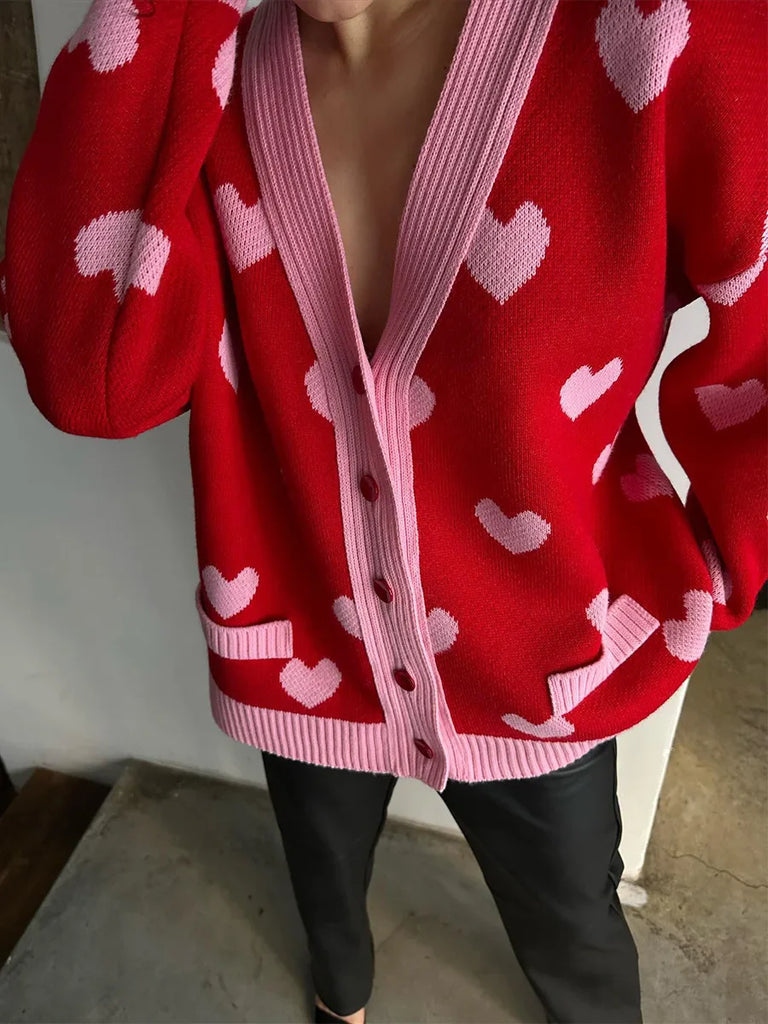 Christmas Love Pattern Knitted Cardigans Women Long Sleeve Button Quilted Knitwear Sweater Fall Casual Loose Fashion Streetwear New Year