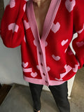 Christmas Love Pattern Knitted Cardigans Women Long Sleeve Button Quilted Knitwear Sweater Fall Casual Loose Fashion Streetwear New Year