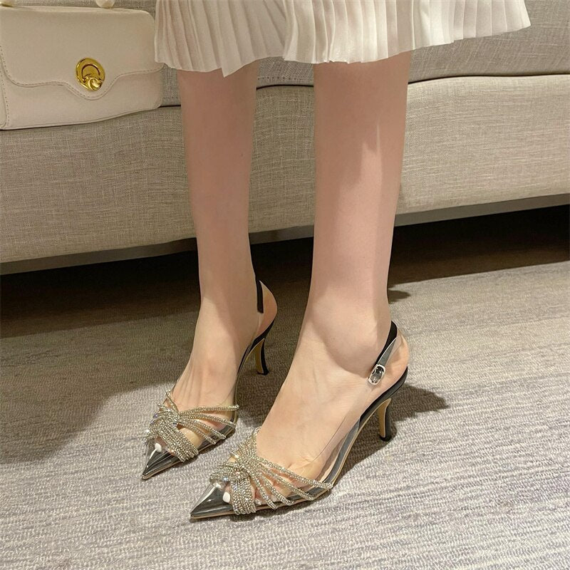 woloong Ankle Luxury Rivet High Heeled Shoes Summer New Women's Pumps Pointed Versatile Sexy Prom Women's Sandals 8cm Sandalias