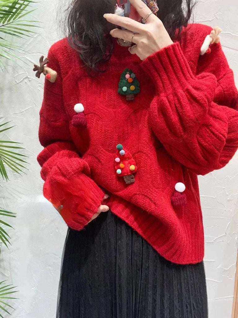 Christmas Tree Appliques Loose Pullovers Women O-neck Long Sleeve Knitted Sweaters Female Autumn Winter New Arrival Pull Femme New Year