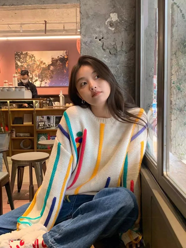 Rainbow Striped Sweater Women Pullovers Fall Winter New O Neck Long Sleeve Knit Tops Korean Chic Warm Tassel Jumpers