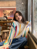 Rainbow Striped Sweater Women Pullovers Fall Winter New O Neck Long Sleeve Knit Tops Korean Chic Warm Tassel Jumpers