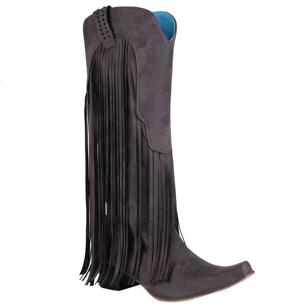 woloong  New Arrival Cowboy Western Long knee-high Boots Women Stacked Heeled Fringe Retro Casual Ridding Boots Autumn Shoes