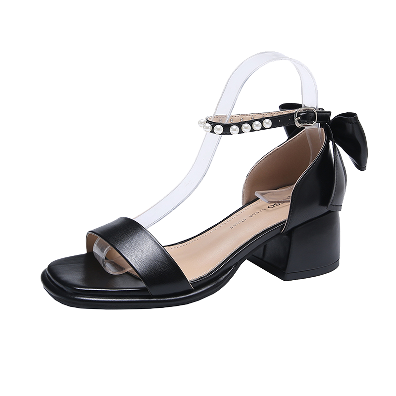 woloong Brand Ladies Sandal Spring New Fairy Pearl Sandals Sweet Square Heel with Mesh Crystal Temperament High Heels Tenis Masculino