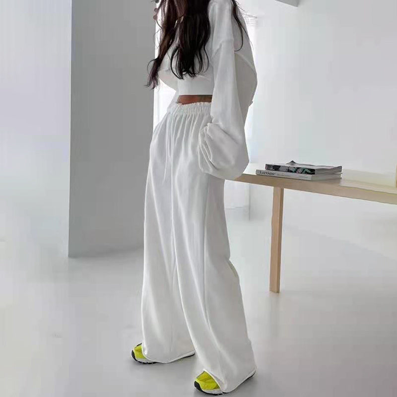 woloong  White Three Piece Set For Women O Neck Long Sleeve Tops Sleeveless Vest Wide Leg Pants Female Casual Sets New