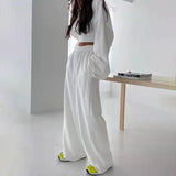 woloong  White Three Piece Set For Women O Neck Long Sleeve Tops Sleeveless Vest Wide Leg Pants Female Casual Sets New