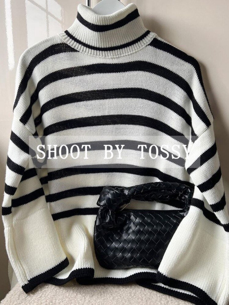 Winter Women’s Long Sleeves Knit Sweater Turtleneck Striped Print Loose Pullover Tops New Autumn Oversized Sweater