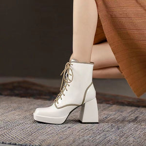 woloong  Thick Heel  Boots Autumn Winter New Fashion Side Zipper Lace Non-slip Waterproof Platform Thick-soled Women's Boots ANKLE
