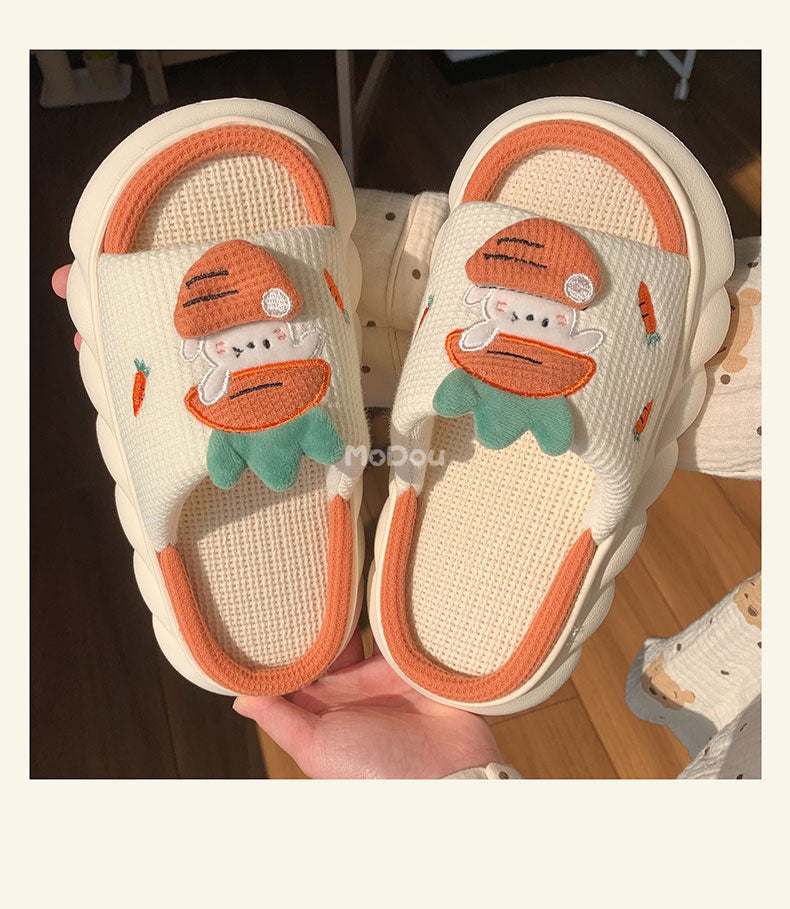 woloong  Four Season Home Non Slip Thick Sole Mute Hemp Cotton Women Slippers Cute Cartoon Shape Men Indoor Shoes New Arrival