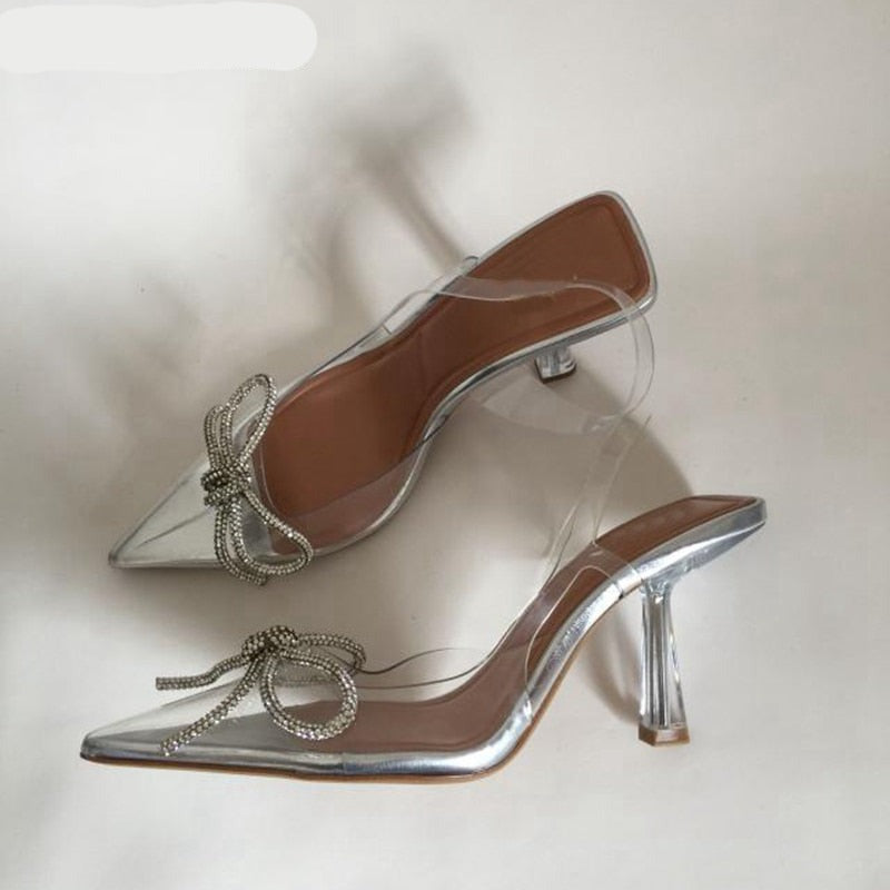 woloong New Brand Women Slingback Shoes Fashion PVC Transparent Ladies Elegant Sandals Thin High Heel Pointed Toe Mules S
