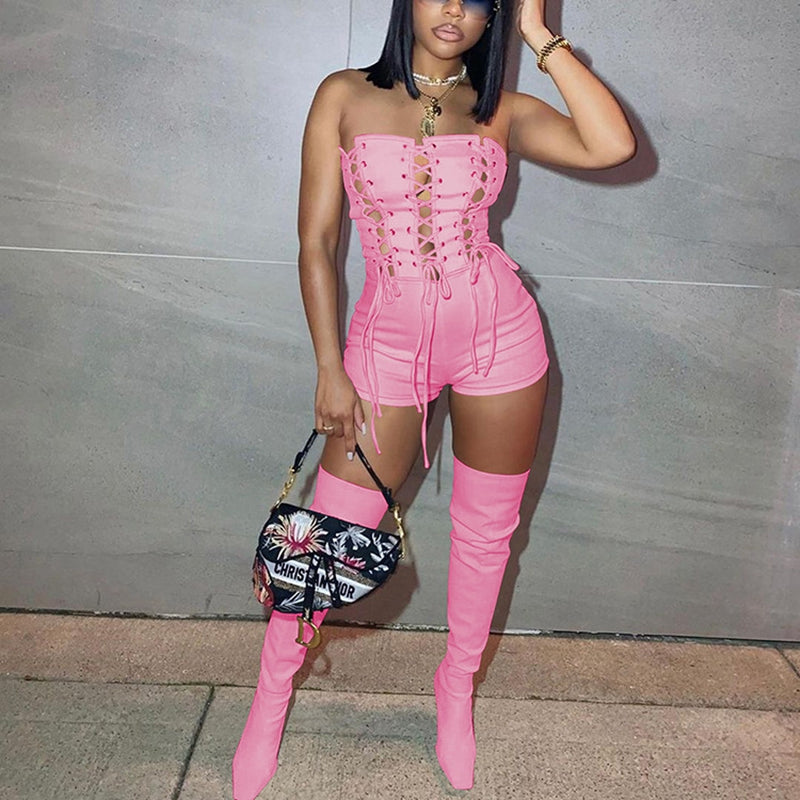 goosudu Lace Up Sexy Jumpsuit Women Club Outfits Elegant Romper Shorts Jumpsuit Bodycon Playsuit One Piece Summer Overalls for Women